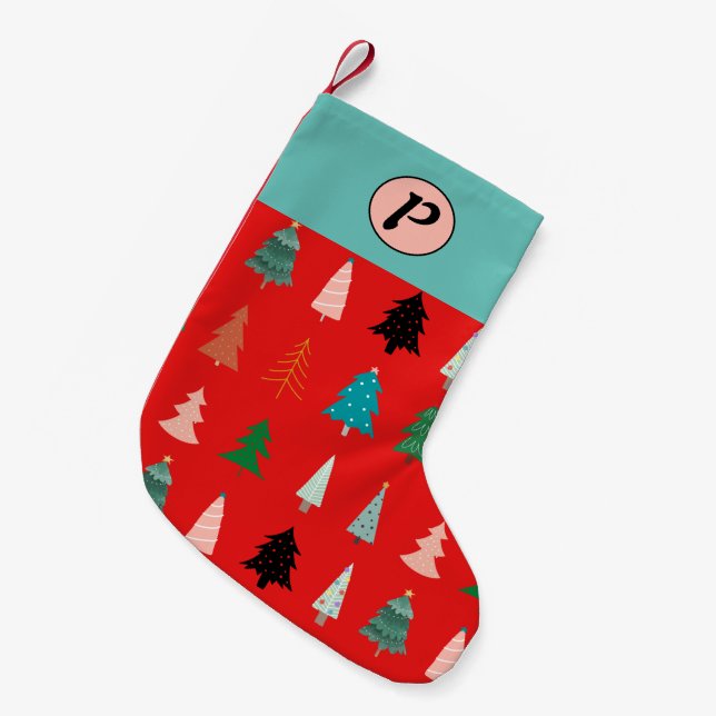 Niedliches Muster mit Monogramm rote, farbige Bäum Kleiner Weihnachtsstrumpf (Vorderansicht (hängend))