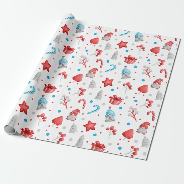 Niedliches Muster von Gnomen, Sternen, Zuckerrohre Geschenkpapier (Ungerollt)