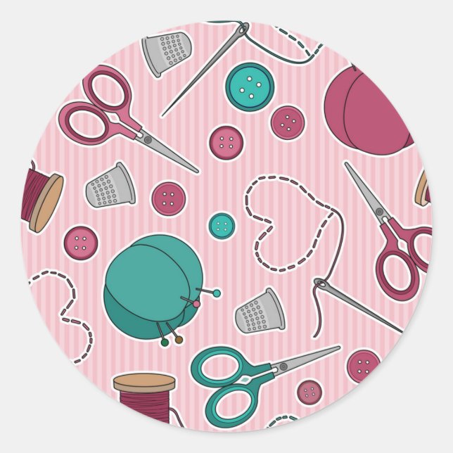 Niedliches Nähen Muster rosa Runder Aufkleber (Vorderseite)