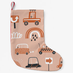 Niedliches nahtloses Muster mit Spielzeugautos. Ca Kleiner Weihnachtsstrumpf
