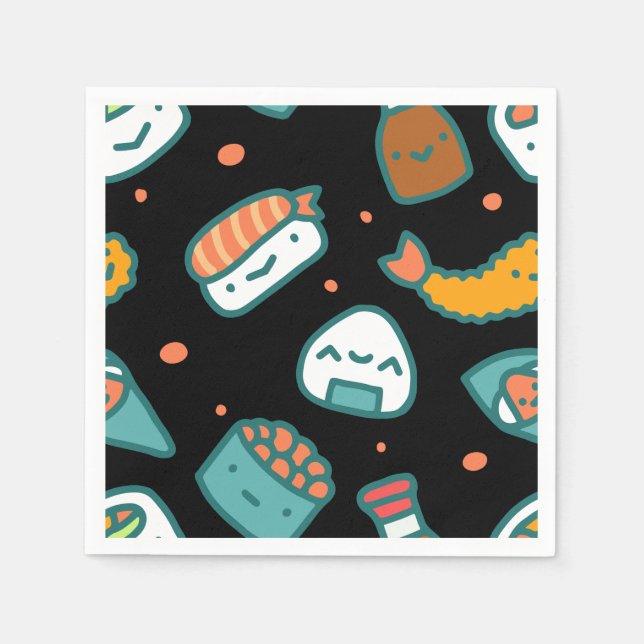Niedliches, nahtloses Sushi-Muster in Schwarz Serviette (Vorderseite)