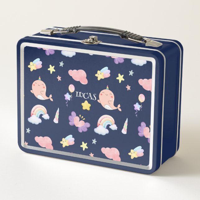 Niedliches Narwhal Fish Unicorn Regenbogenmuster Metall Brotdose (Vorderseite)