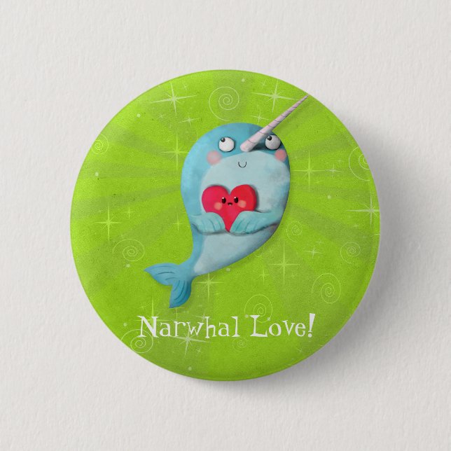 Niedliches Narwhal mit Herzen Button (Vorderseite)
