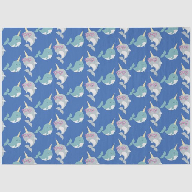 Niedliches Narwhal Whimsical Cartoon Muster in Bla Seidenpapier (Vorderseite)