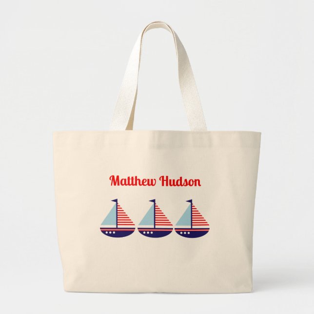 Niedliches Nautic Sailboat Personalisiert Kinder Jumbo Stoffbeutel (Vorne)