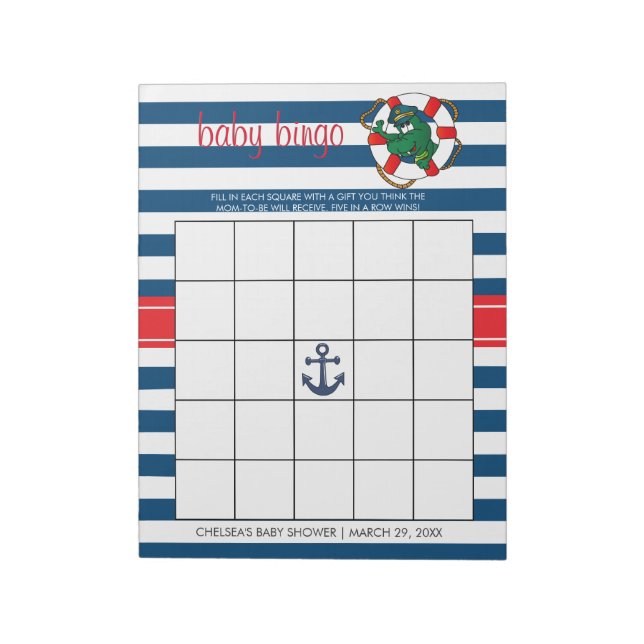 Niedliches Nautical Alligator Baby Dusche Bingo Sp Notizblock (Rotiert)