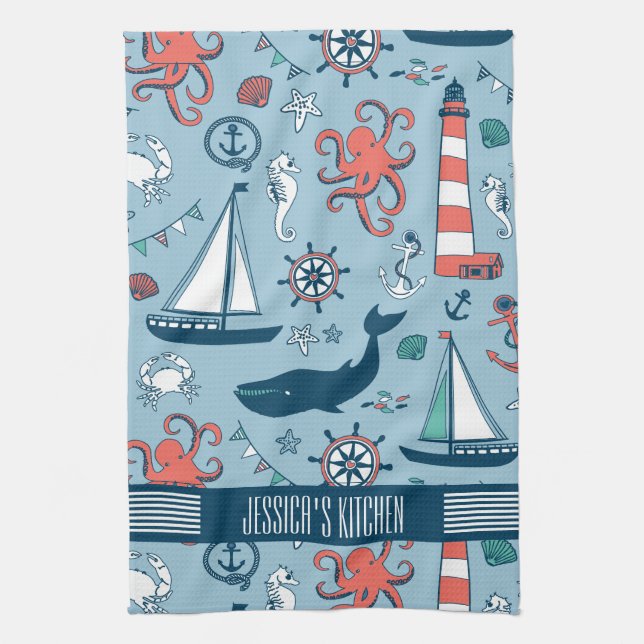 Niedliches Nautical Pattern Baby Blue Background Geschirrtuch (Vertikal)