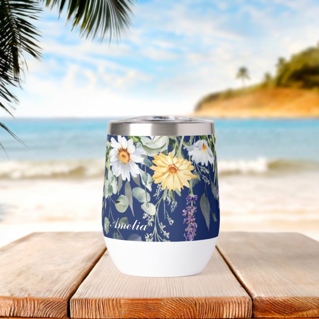Niedliches Navy Blue Boho Wildblumen Muster (Strand (gedreht))