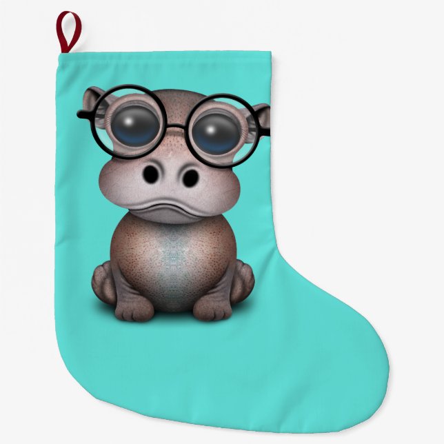 Niedliches Nerdy Baby-Flusspferd-tragende Gläser Großer Weihnachtsstrumpf (Vorderseite)