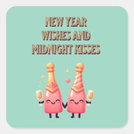 Niedliches Neujahr Wünsche & Mitternacht Kisses Ka Quadratischer Aufkleber
