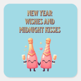 Niedliches Neujahr Wünsche & Mitternacht Kisses Ka Quadratischer Aufkleber
