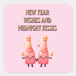 Niedliches Neujahr Wünsche & Mitternacht Kisses Ka Quadratischer Aufkleber
