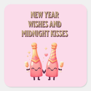 Niedliches Neujahr Wünsche & Mitternacht Kisses Ka Quadratischer Aufkleber