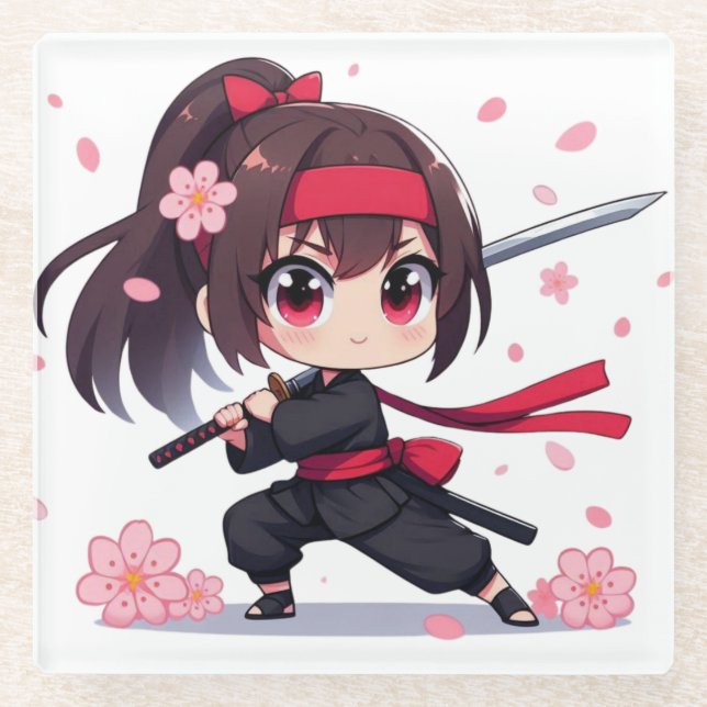 Niedliches Ninja-Kriegerblümchen Glasuntersetzer (Vorderseite)