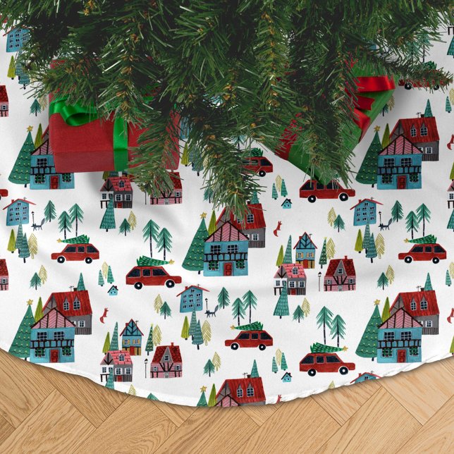 Niedliches Nordic Skaten Village Weihnachtsmuster Polyester Weihnachtsbaumdecke (Cute Nordic skating Village Christmas Pattern Brushed Polyester Tree Skirt)