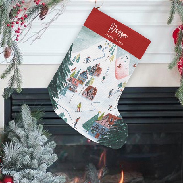Niedliches nordisches Skaten Village Großer Weihnachtsstrumpf (Cute Nordic skating Village Large Christmas Stocking)