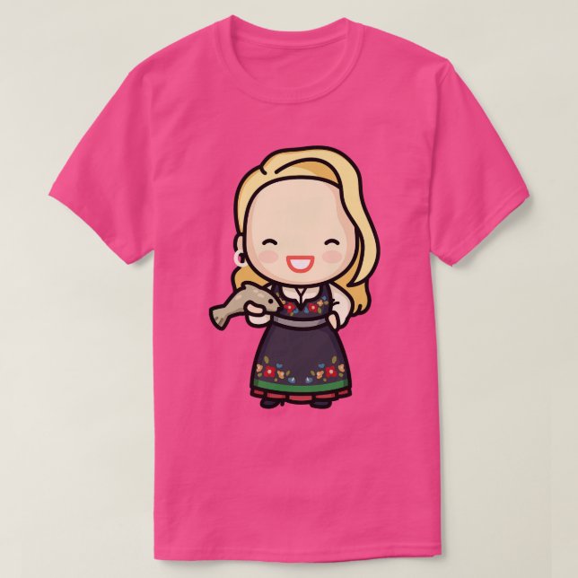 Niedliches Norwegisches Mädchen in traditionellem  T-Shirt (Design vorne)