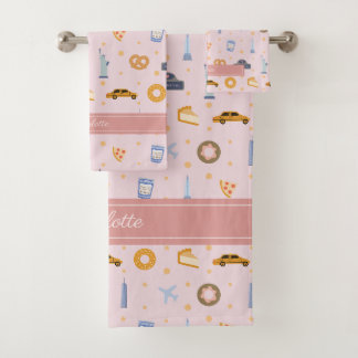 Niedliches NYC-Muster, rosa individuelle Name Badhandtuch Set