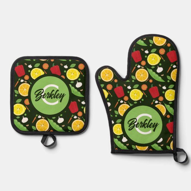 Niedliches Obst Gemüse Monogramm Lebensmittel Ofenhandschuh & Topflappen-Set (Vorderseite)