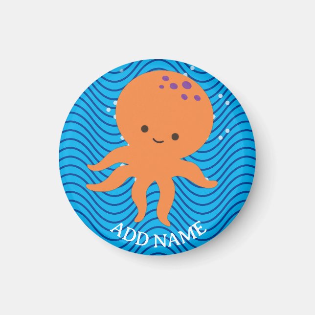 Niedliches Octopus Cartoon Blue Waves Muster Magnet (Vorne)