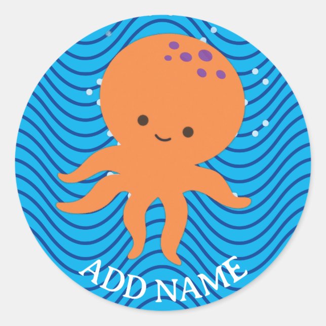 Niedliches Octopus Cartoon Blue Waves Muster Runder Aufkleber (Vorderseite)