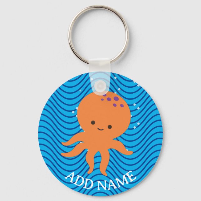 Niedliches Octopus Cartoon Blue Waves Muster Schlüsselanhänger (Vorderseite)
