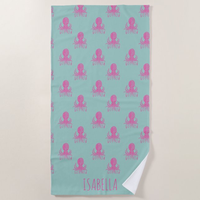 Niedliches Octopus-Muster Aqua Rosa Personalisiert Strandtuch (Vorderseite)