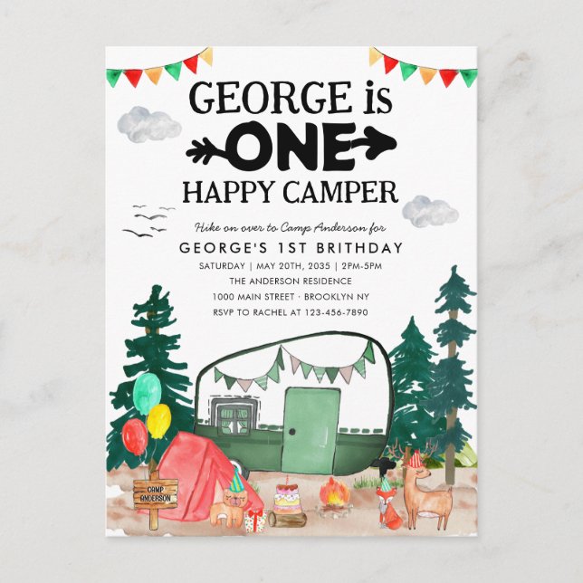 Niedliches One Happy Camper Woods Camping 1. Gebur Postkarte (Vorderseite)