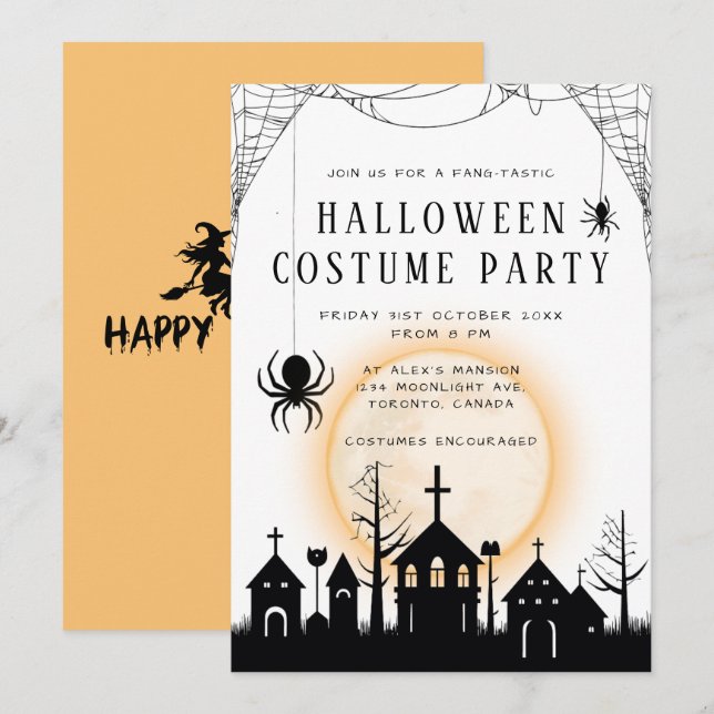 Niedliches Orange & Black Adulween Halloween-Kostü Einladung (Vorne/Hinten)