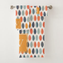 Niedliches Orange Blue Leafy Botanisches Monogramm Badhandtuch Set
