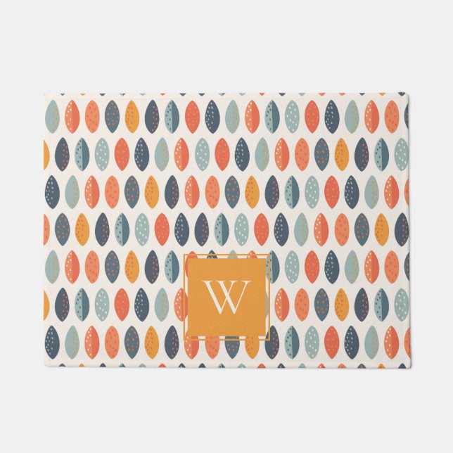 Niedliches Orange Blue Leafy Botanisches Monogramm Fußmatte (Vorderseite)