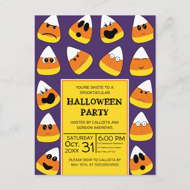 Niedliches Orange Candy Corn Emojis Halloween-Part Einladungspostkarte (Vorderseite)