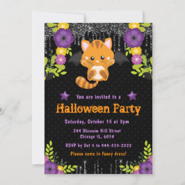 Niedliches Orange Cat Floral Halloween-Party Einladung