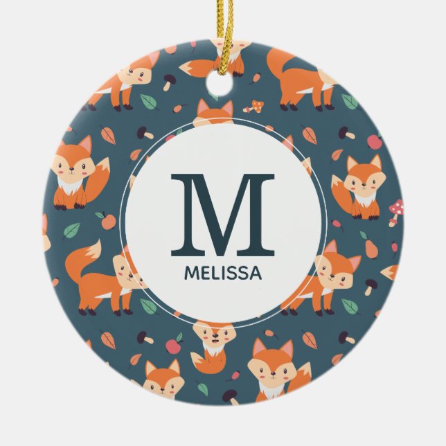Niedliches Orange Fox Tiermuster Monogramm Keramik Ornament (Vorne)