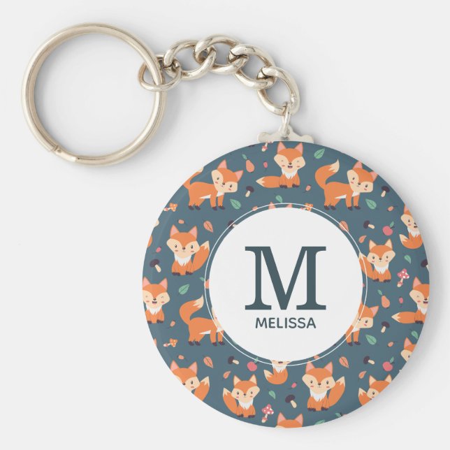 Niedliches Orange Fox Tiermuster Monogramm Schlüsselanhänger (Vorne)