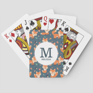 Niedliches Orange Fox Tiermuster Monogramm Spielkarten