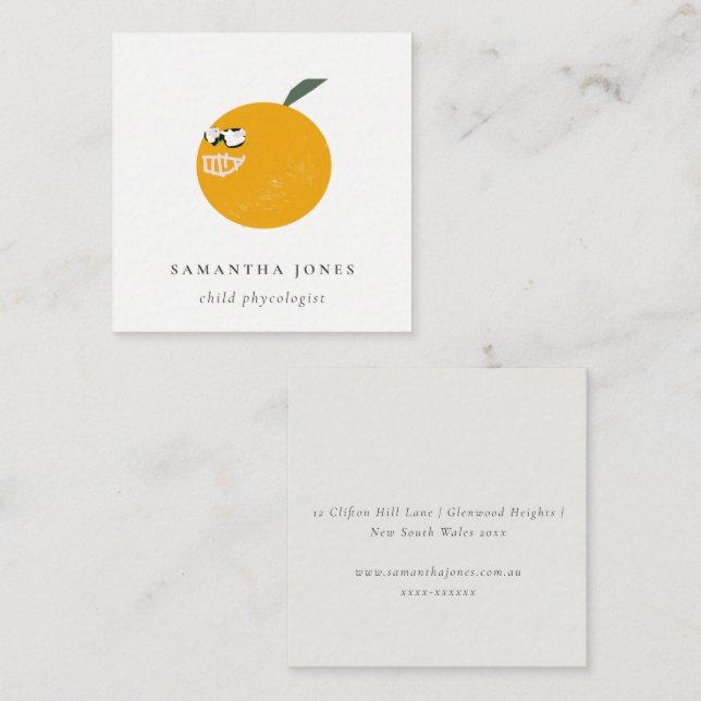 Niedliches Orange mit Sonnenbrille Fruchtkids hand Quadratische Visitenkarte (Vorne/Hinten)