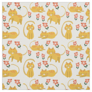 Niedliches Orange Tabby Cat Floral Repetiermuster Stoff