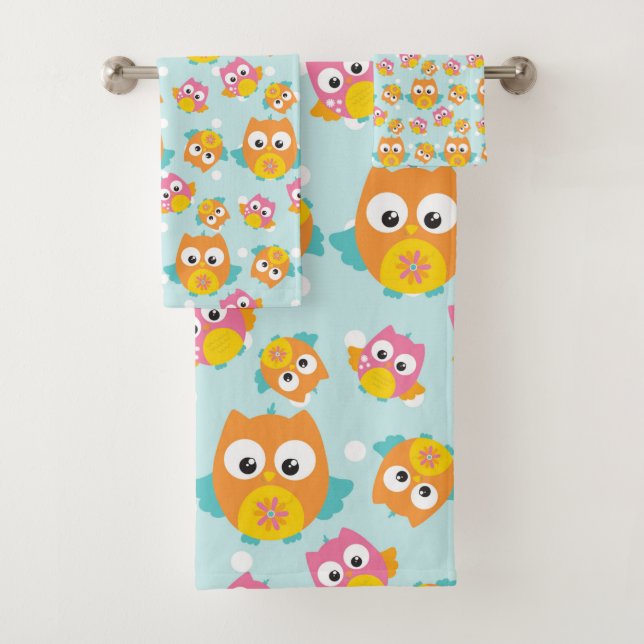 Niedliches Orange- und Rosa Owl Muster Badhandtuch Set (Insitu)