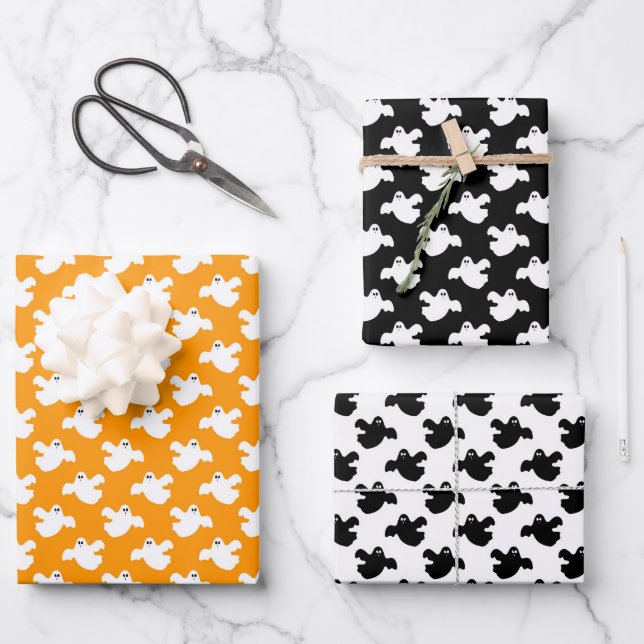 Niedliches Orange und Schwarzes Geist Geschenkpapier Set (Vorderseite)