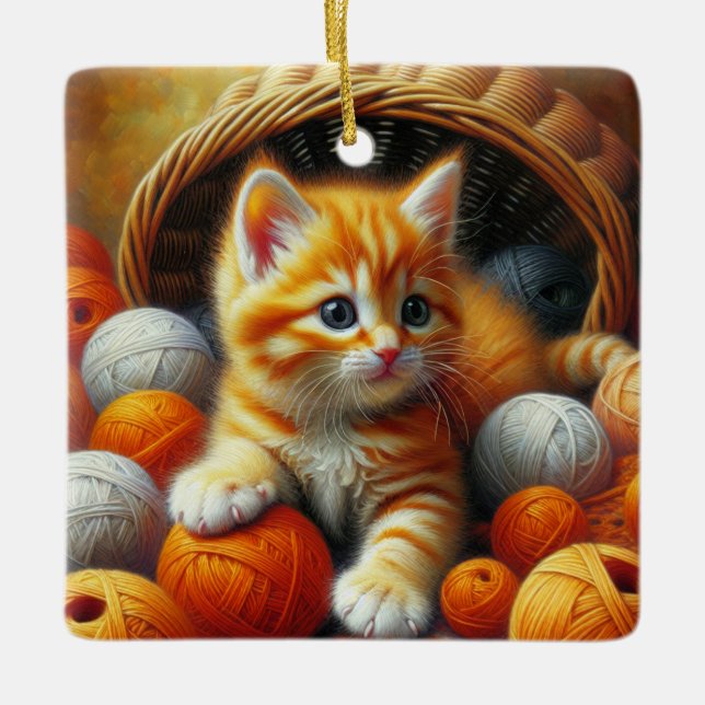 Niedliches Orange- und White Kitten-Spiel im Garn Keramikornament (Vorderseite)