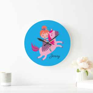 Niedliches Orangefarbenes Girl Reiten auf einem Ei Große Wanduhr