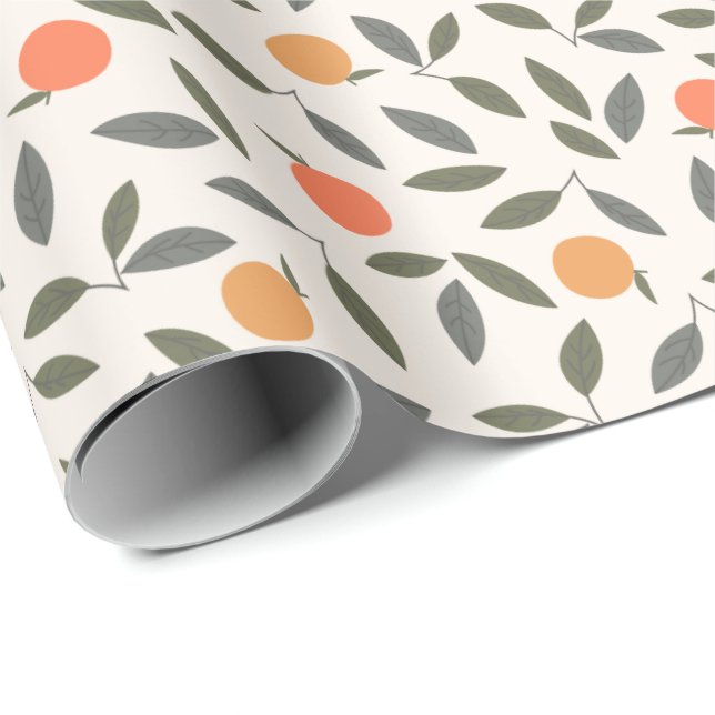 Niedliches Orangen- und Blätter-Muster Geschenkpapier (Rolleneckpunkt)