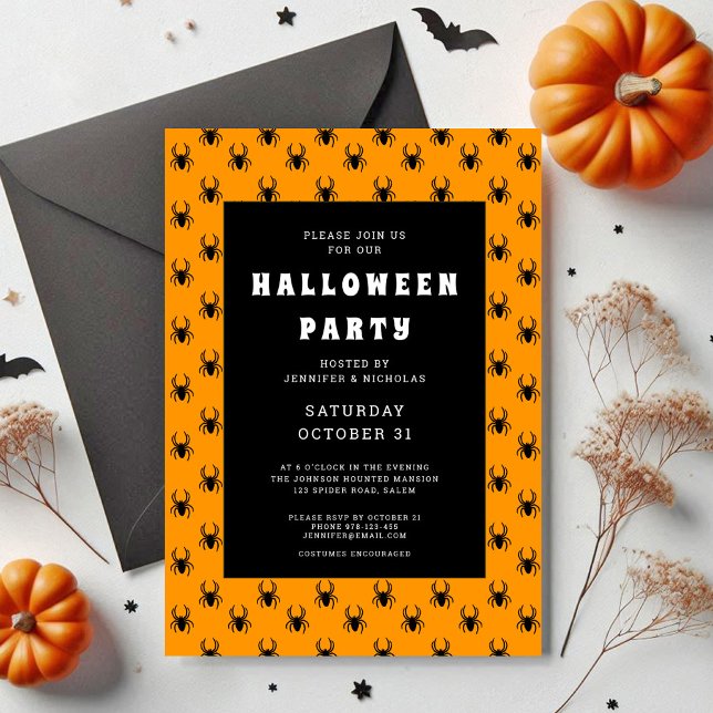 Niedliches Orangen- und Schwarzspinnen-Halloween-P Einladung (Cute Spiders Orange Halloween Party Invitation)