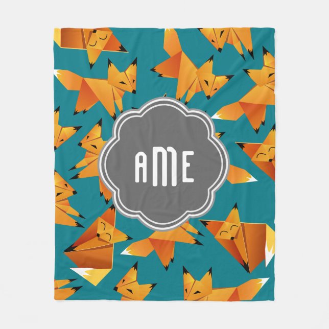Niedliches Origami Foxes mit Monogramm Fleecedecke (Vorderseite)