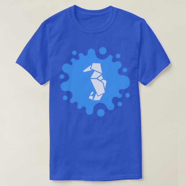 Niedliches Origami-Seepferd auf einem Blue Splash T-Shirt (Design vorne)
