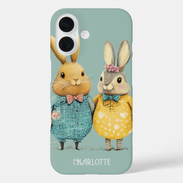 Niedliches Osterhasen personalisiert iPhone 16 Hülle (Rückseite)