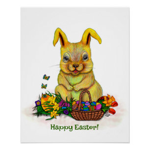 Niedliches Osterkaninchen mit Eiern und Blume Poster