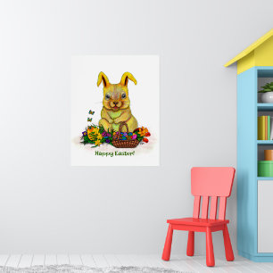 Niedliches Osterkaninchen mit Eiern und Blume Poster