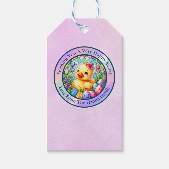 Niedliches Osterküken, Blume und bunte Eier Geschenkanhänger (Vorderseite)